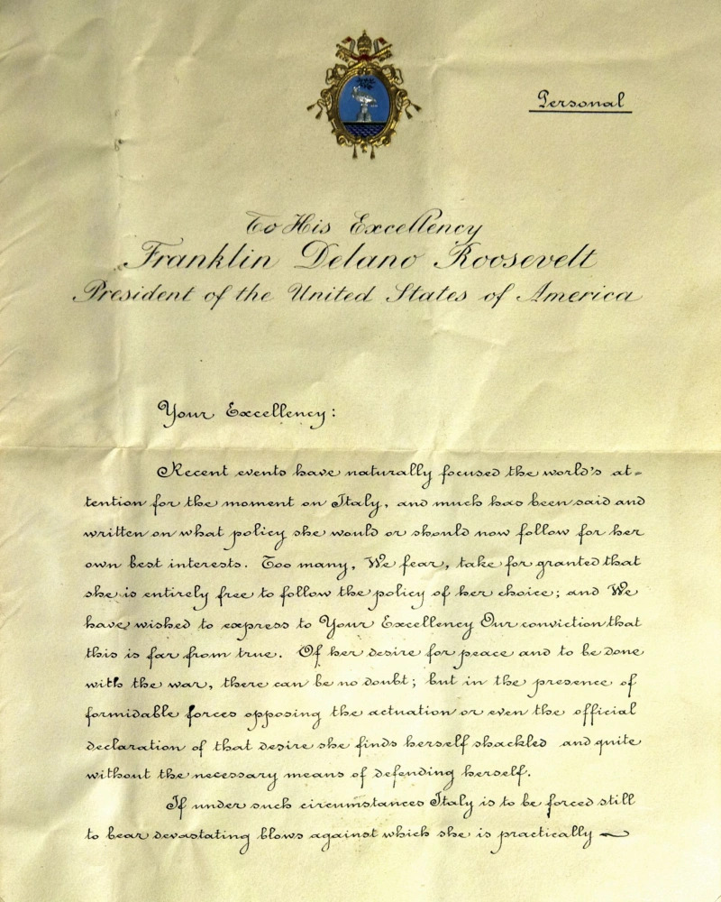 Letter written by Pope Pius XII to U.S. President Franklin D. Roosevelt.